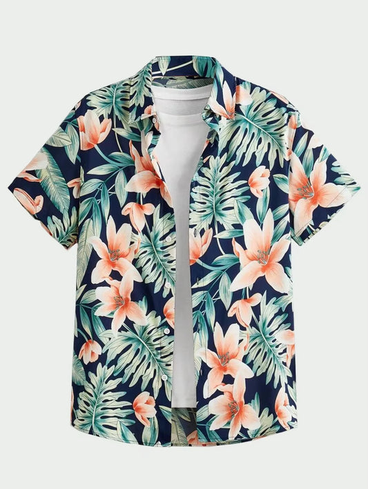 Hawaiian Botanical Flower Print Men'S and Women'S Short Sleeve Lapel Seaside Button-Down Shirt Top Casual Fashionable Shirts