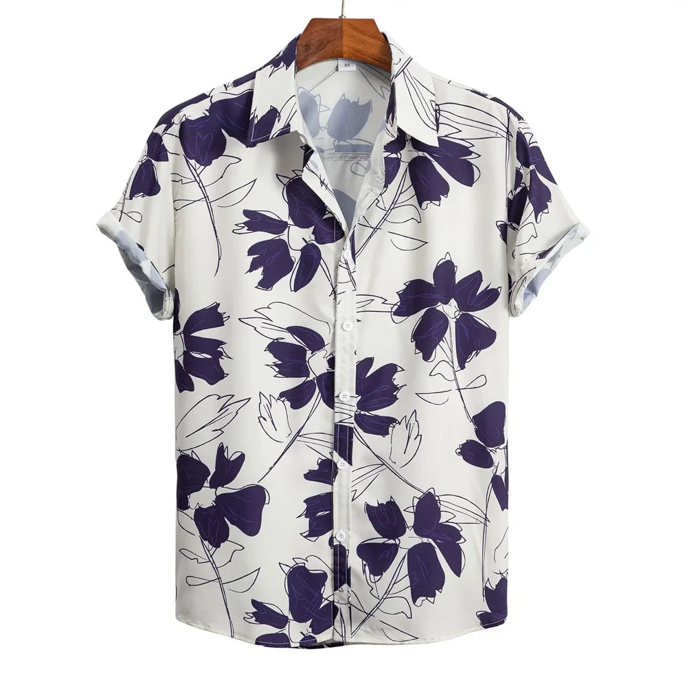 Hawaiian Botanical Flower Print Men'S and Women'S Short Sleeve Lapel Seaside Button-Down Shirt Top Casual Fashionable Shirts