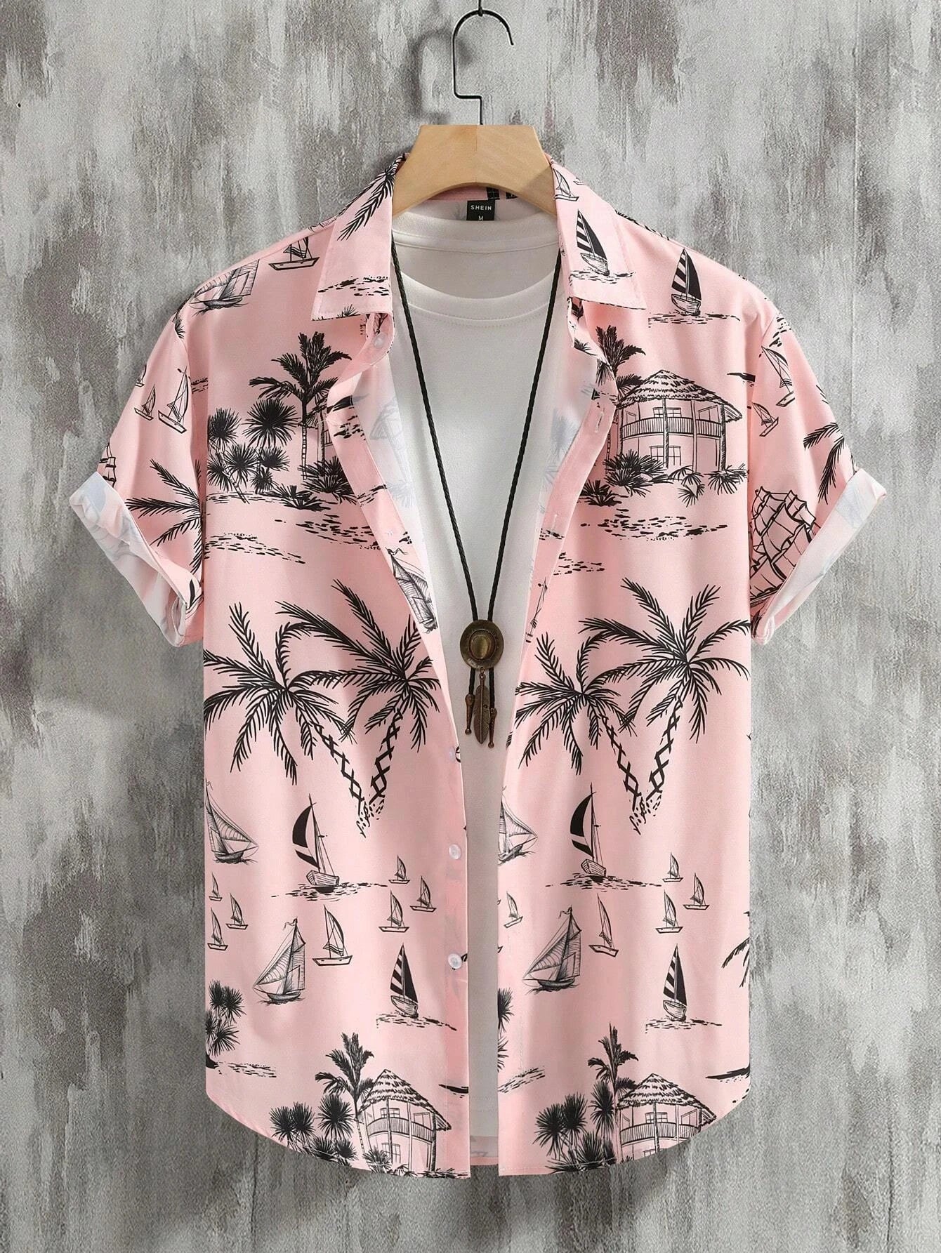 Hawaiian Botanical Flower Print Men'S and Women'S Short Sleeve Lapel Seaside Button-Down Shirt Top Casual Fashionable Shirts